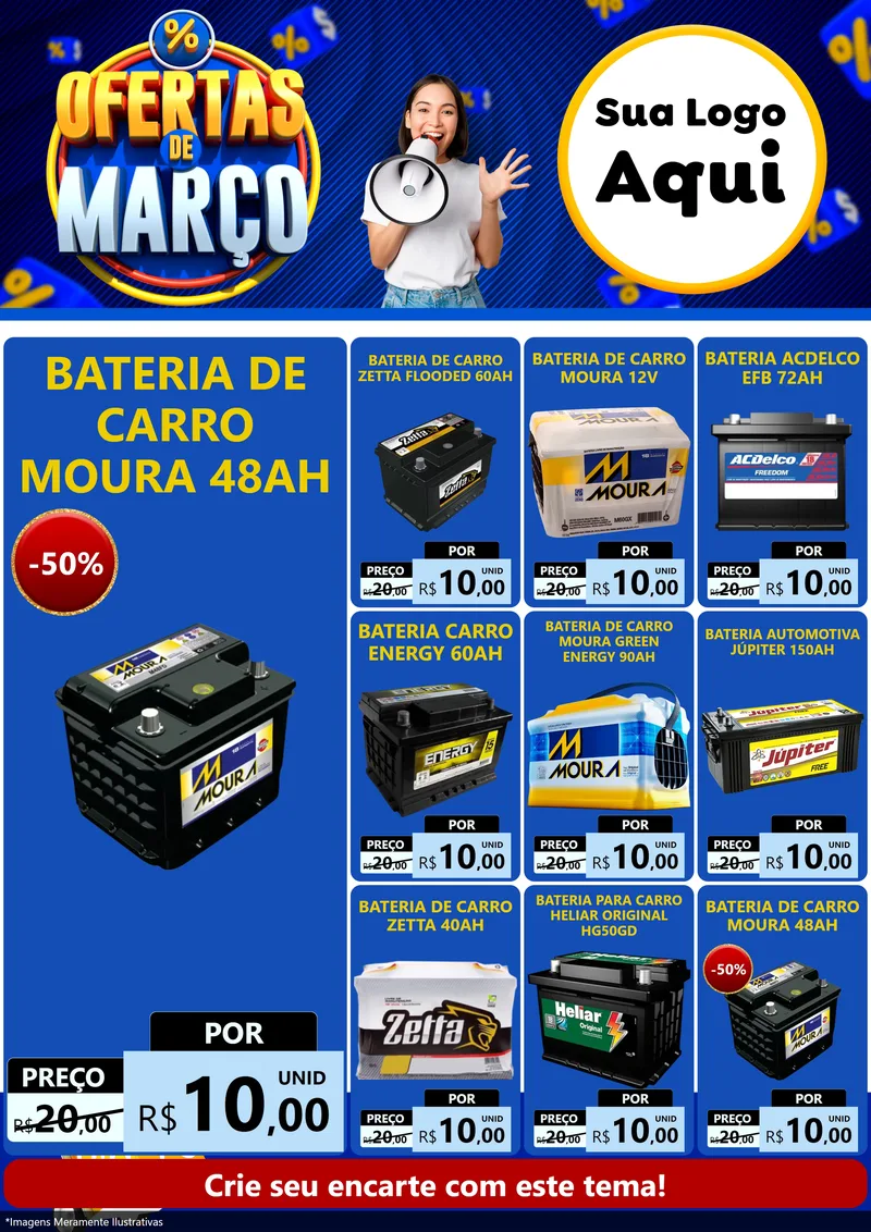 Modelo de Encarte para Encarte A4 Vertical com o tema Ofertas de Março para Baterias Elétricas