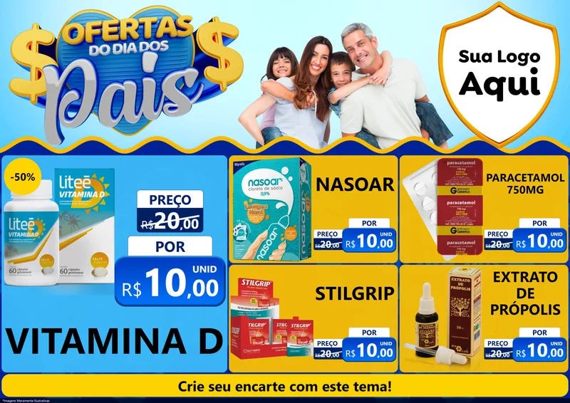 Modelo de Encarte para Encarte A4 Horizontal com o tema Ofertas do Dia dos Pais para Farmácia