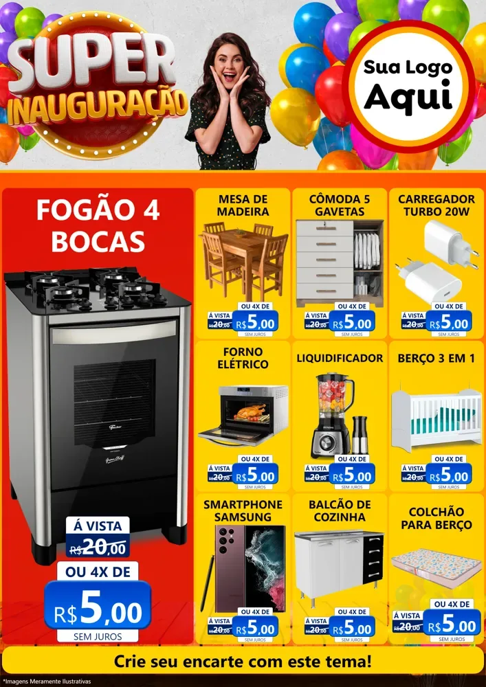 Modelo de Encarte para Encarte A4 Vertical com o tema Super Inauguração para Móveis e Eletro