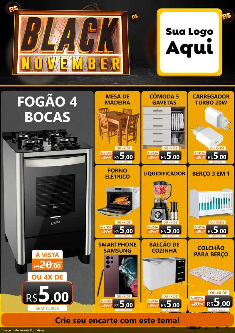 Modelo de Encarte para Encarte A4 Vertical com o tema Black November para Móveis e Eletro