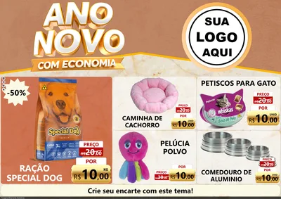 Modelo de Encarte para Encarte A4 Horizontal com o tema Ano Novo Com Economia para Pet Shop