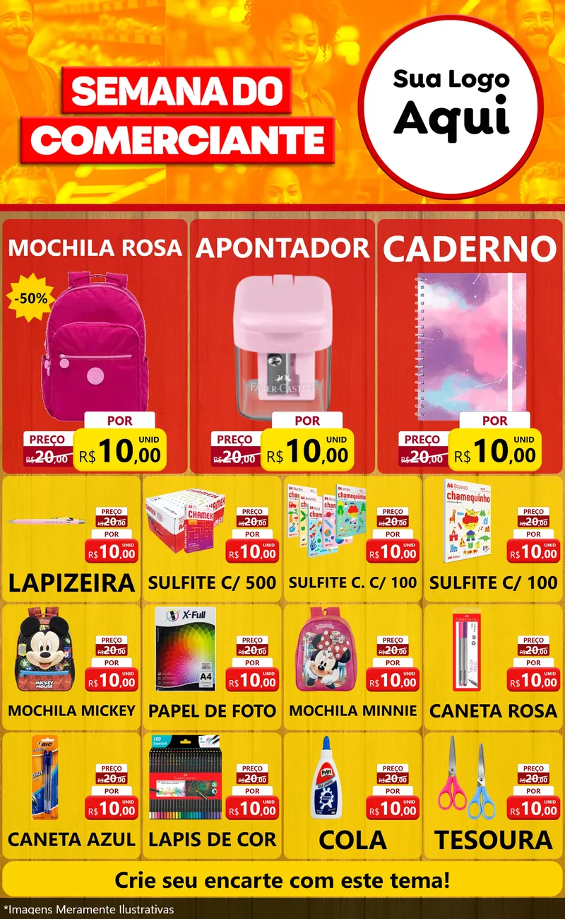 Modelo de Encarte para Encarte Grande com o tema Semana do Comerciante para Papelaria