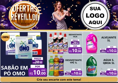 Modelo de Encarte para Encarte A4 Horizontal com o tema Ofertas de Réveillon para Produtos de Limpeza