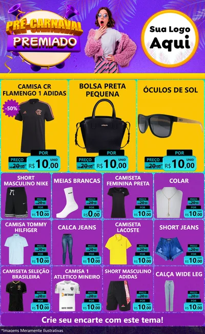 Modelo de Encarte para Encarte Grande com o tema Pré-Carnaval Premiado para Roupas e acessórios