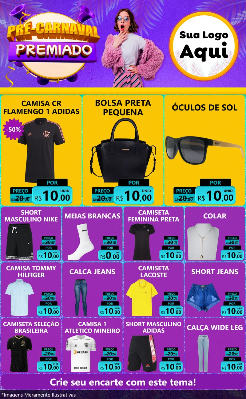 Modelo de Encarte para Encarte Grande com o tema Pré-Carnaval Premiado para Roupas e acessórios