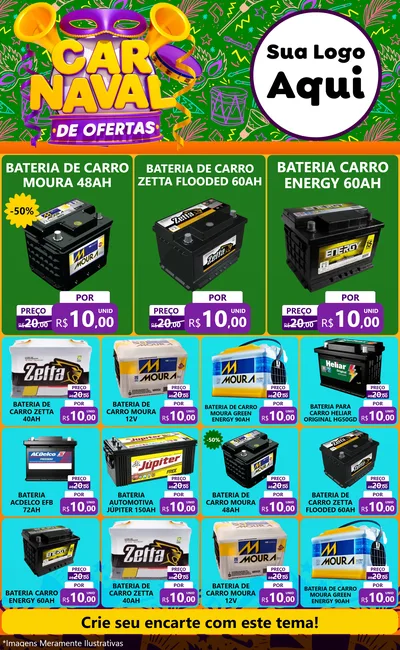 Modelo de Encarte para Encarte Grande com o tema Carnaval de Ofertas para Baterias Elétricas
