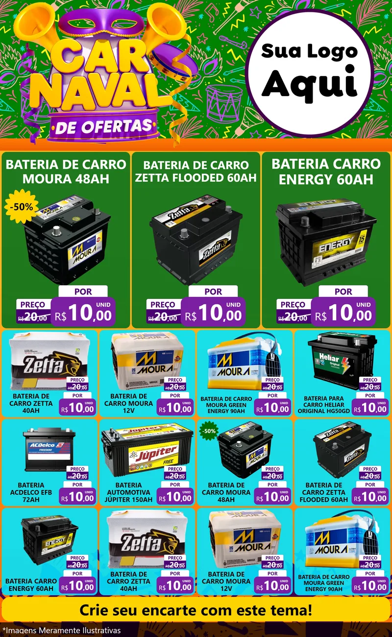 Modelo de Encarte para Encarte Grande com o tema Carnaval de Ofertas para Baterias Elétricas