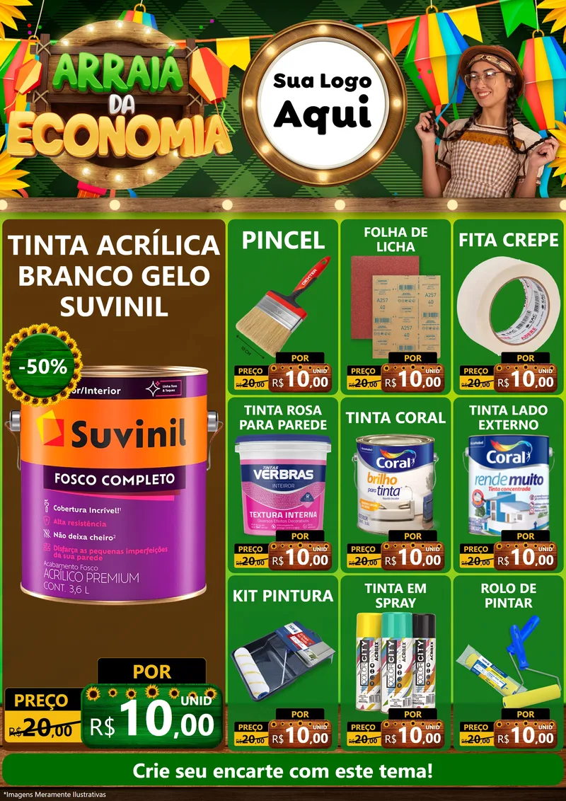 Modelo de Encarte para Encarte A4 Vertical com o tema Arraiá de Economia para Tintas e Ferramentas