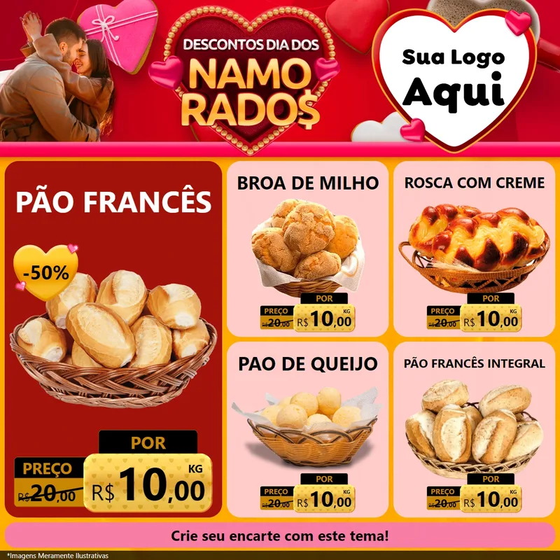 Modelo de Rede Social para Feed Facebook com o tema Descontos Dia dos Namorados para Padaria