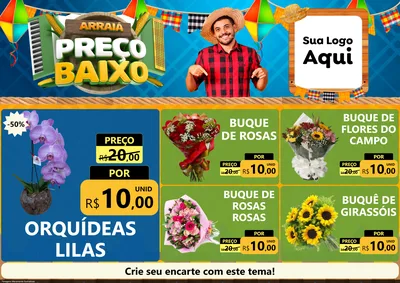 Modelo de Encarte para Encarte A4 Horizontal com o tema Arraiá de Preço Baixo - Junina para Floricultura e jardim