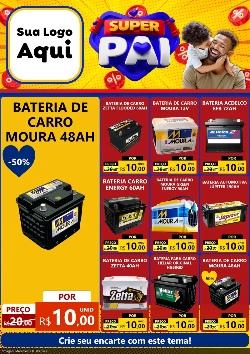 Modelo de Encarte para Encarte A4 Vertical com o tema Super Pai para Baterias Elétricas