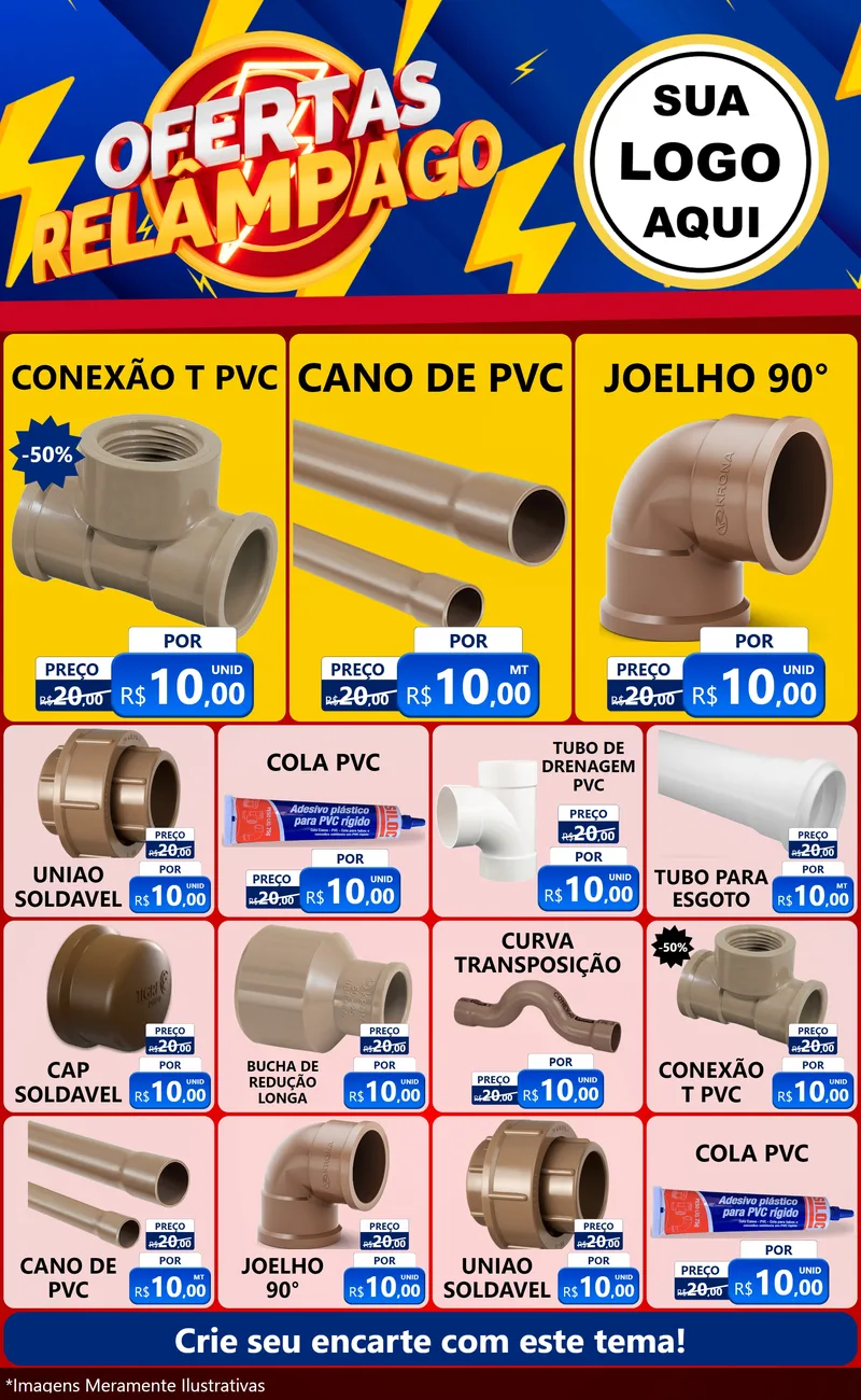 Modelo de Encarte para Encarte Grande com o tema Ofertas Relâmpago para Tubos e conexões