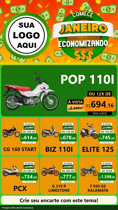 Modelo de Rede Social para Stories com o tema Comece Janeiro Economizando para Concessionaria de Motos