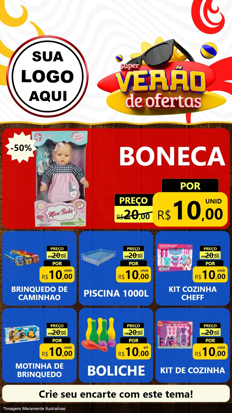 Modelo de Rede Social para Stories com o tema Super Verão de Ofertas para Brinquedos