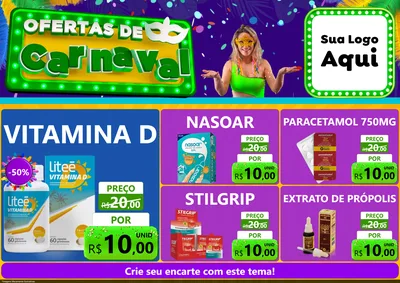 Modelo de Encarte para Encarte A4 Horizontal com o tema Ofertas de Carnaval para Farmácia