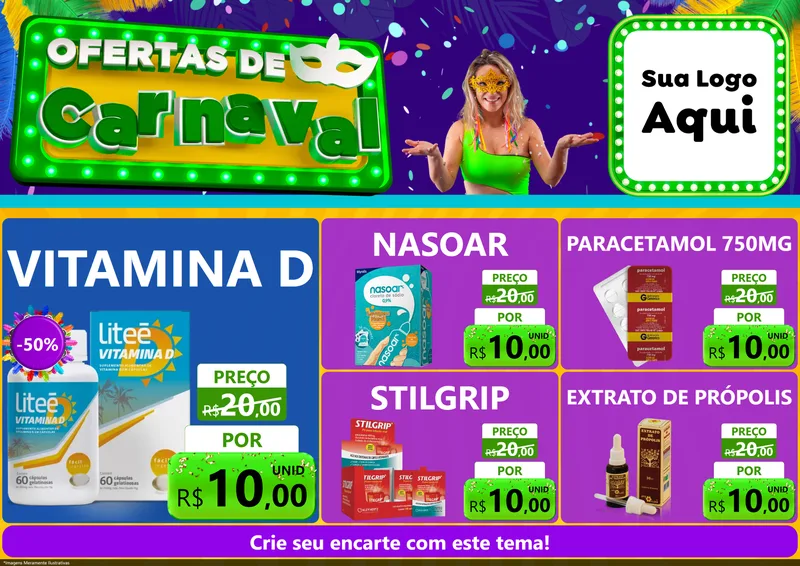 Modelo de Encarte para Encarte A4 Horizontal com o tema Ofertas de Carnaval para Farmácia