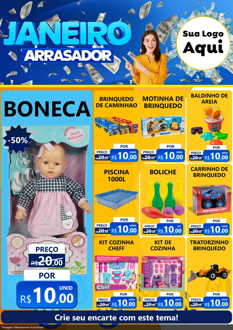 Modelo de Encarte para Encarte A4 Vertical com o tema Janeiro Arrasador para Brinquedos