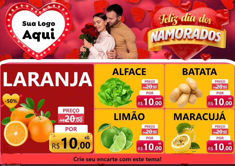 Modelo de Encarte para Encarte A4 Horizontal com o tema Feliz Dia Dos Namorados para Hortifrúti