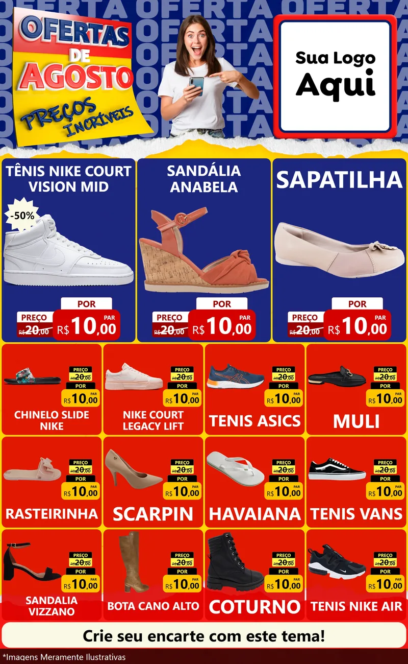 Modelo de Encarte para Encarte Grande com o tema Ofertas de Agosto - Preços Incríveis para Calçados