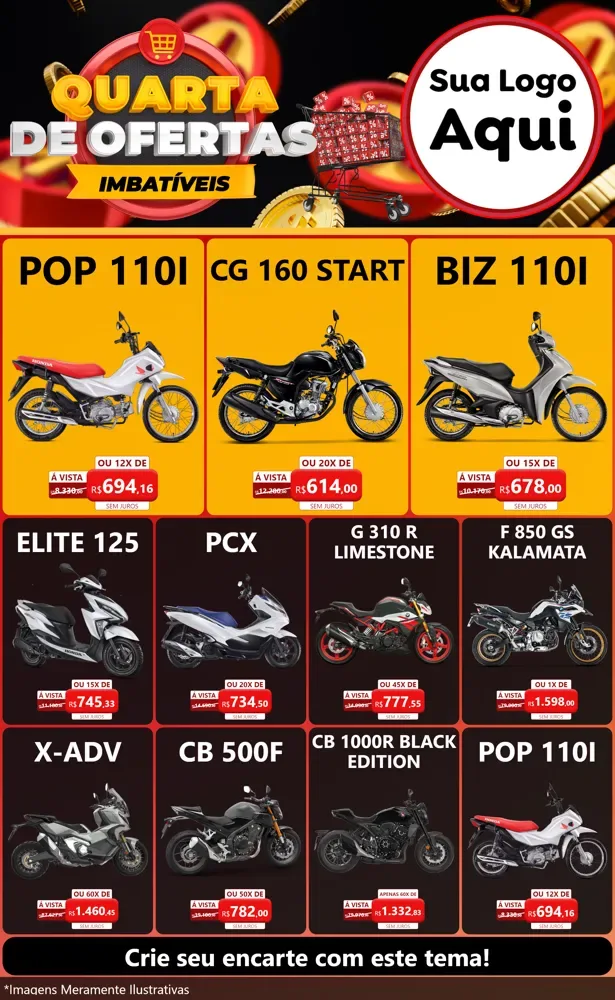 Modelo de Encarte para Encarte Grande com o tema Quarta de Ofertas Imbatíveis para Concessionaria de Motos