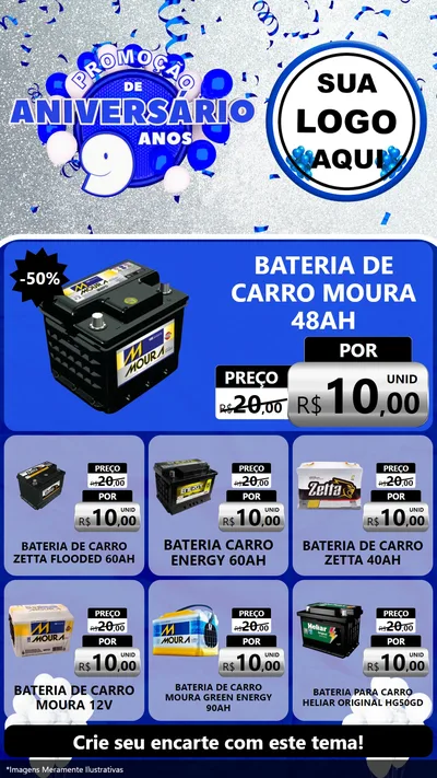 Modelo de Rede Social para Stories com o tema Promoção de Aniversário - 9 Anos para Baterias Elétricas
