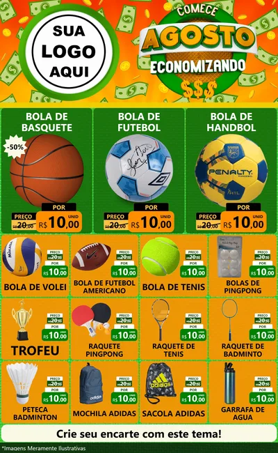 Modelo de Encarte para Encarte Grande com o tema Comece Agosto Economizando para Artigos Esportivos