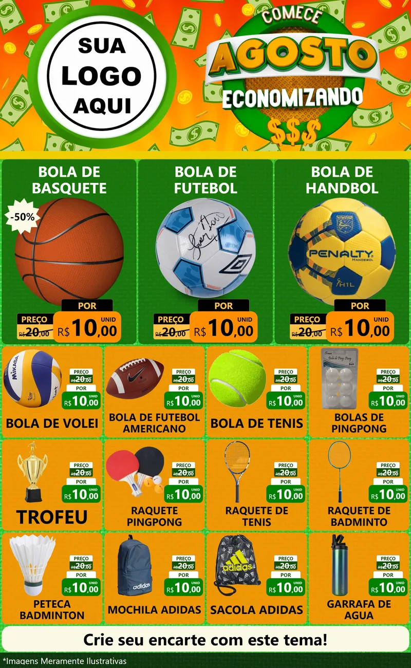 Modelo de Encarte para Encarte Grande com o tema Comece Agosto Economizando para Artigos Esportivos