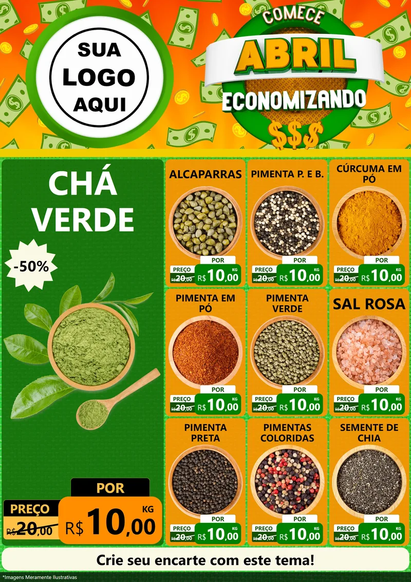 Modelo de Encarte para Encarte A4 Vertical com o tema Comece Abril Economizando para Produtos Naturais