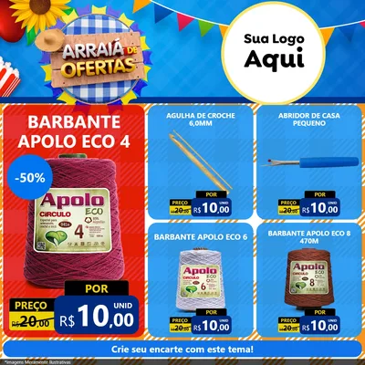 Modelo de Rede Social para Feed Facebook com o tema Arraiá de Ofertas para Armarinho e Aviamentos