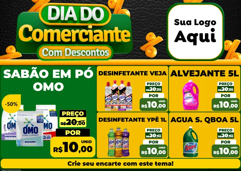 Modelo de Encarte para Encarte A4 Horizontal com o tema Dia do Comerciante com Descontos para Produtos de Limpeza