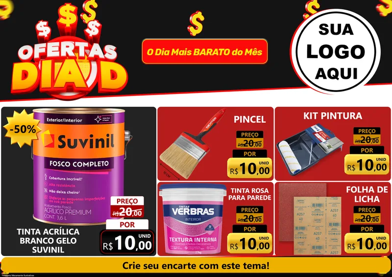 Modelo de Encarte para Encarte A4 Horizontal com o tema Ofertas Dia D para Tintas e Ferramentas
