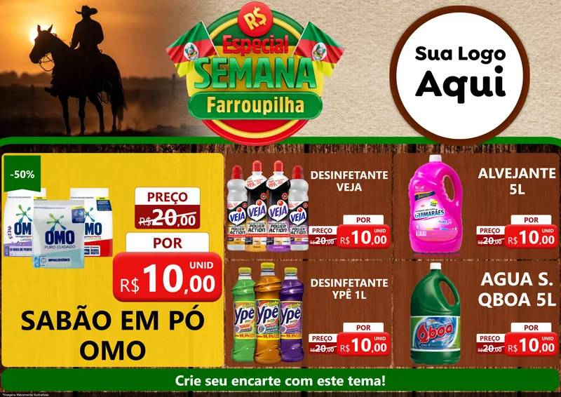 Modelo de Encarte para Encarte A4 Horizontal com o tema Especial Semana Farroupilha para Produtos de Limpeza