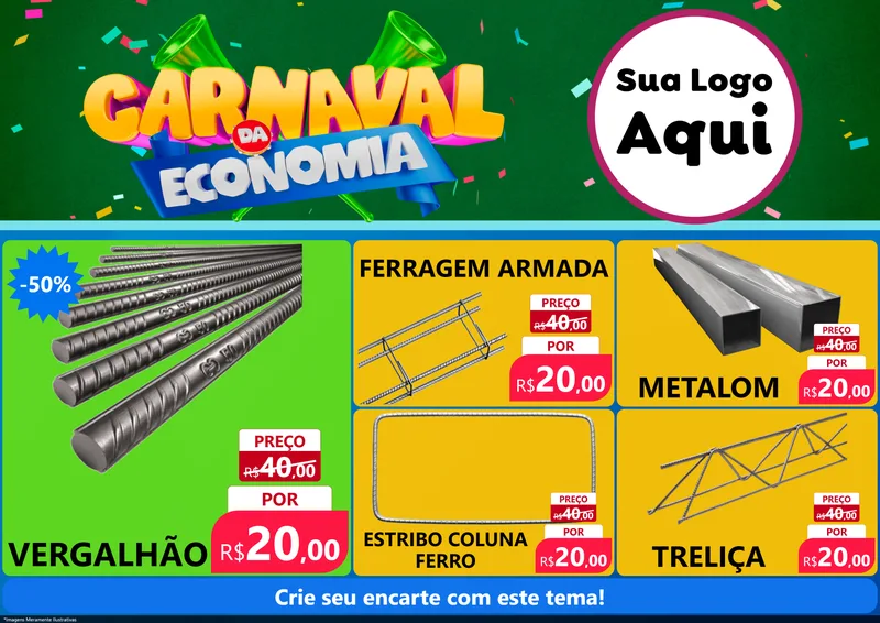 Modelo de Encarte para Encarte A4 Horizontal com o tema Carnaval da Economia para Ferragens