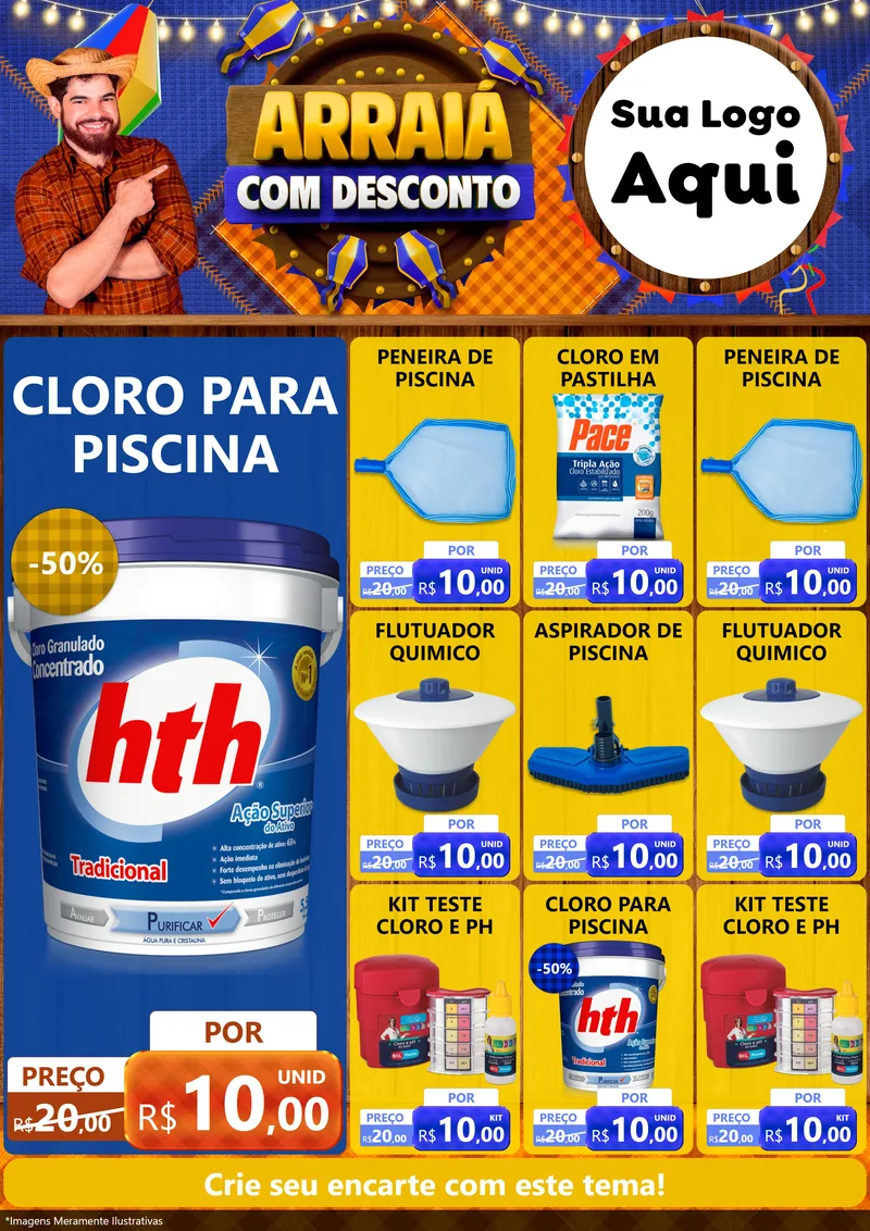 Modelo de Encarte para Encarte A4 Vertical com o tema Arraiá Com Desconto para Produtos para Piscina
