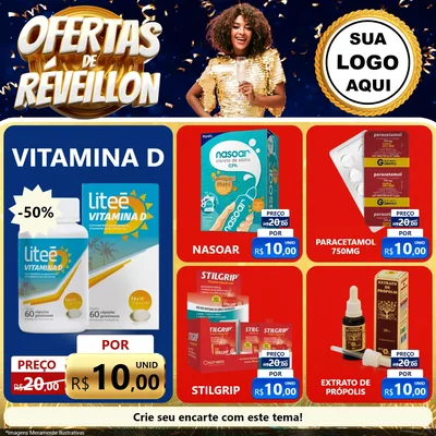 Modelo de Rede Social para Feed Facebook com o tema Ofertas de Réveillon para Farmácia