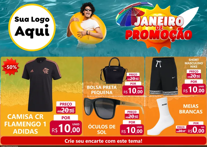 Modelo de Encarte para Encarte A4 Horizontal com o tema Janeiro de Promoção para Roupas e acessórios