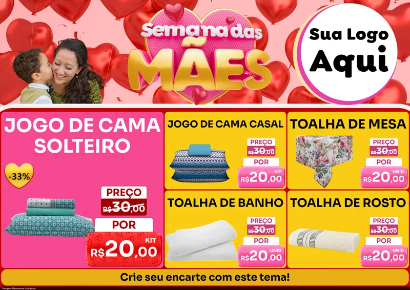 Modelo de Encarte para Encarte A4 Horizontal com o tema Semana Das Mães para Cama, Mesa e Banho