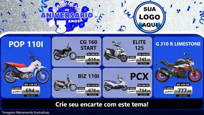 Modelo de TV para TV Horizontal com o tema Promoção de Aniversário - 3 Anos para Concessionaria de Motos