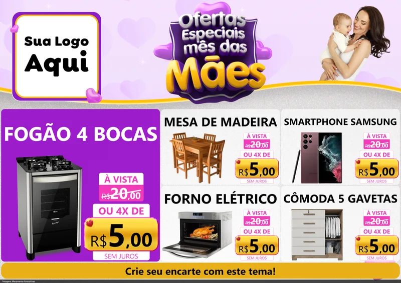 Modelo de Encarte para Encarte A4 Horizontal com o tema Ofertas Especiais - Mês das Mães para Móveis e Eletro