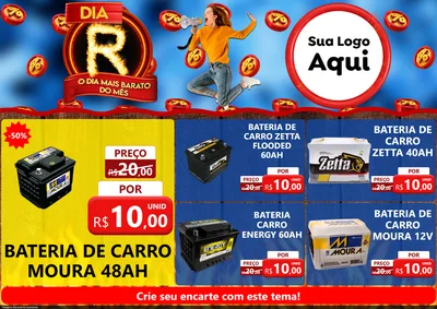 Modelo de Encarte para Encarte A4 Horizontal com o tema Dia R - O Dia Mais Barato Do Mês para Baterias Elétricas