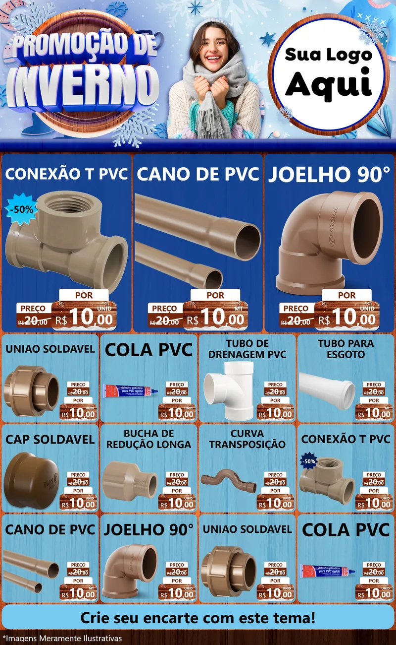 Modelo de Encarte para Encarte Grande com o tema Promoção de Inverno para Tubos e conexões
