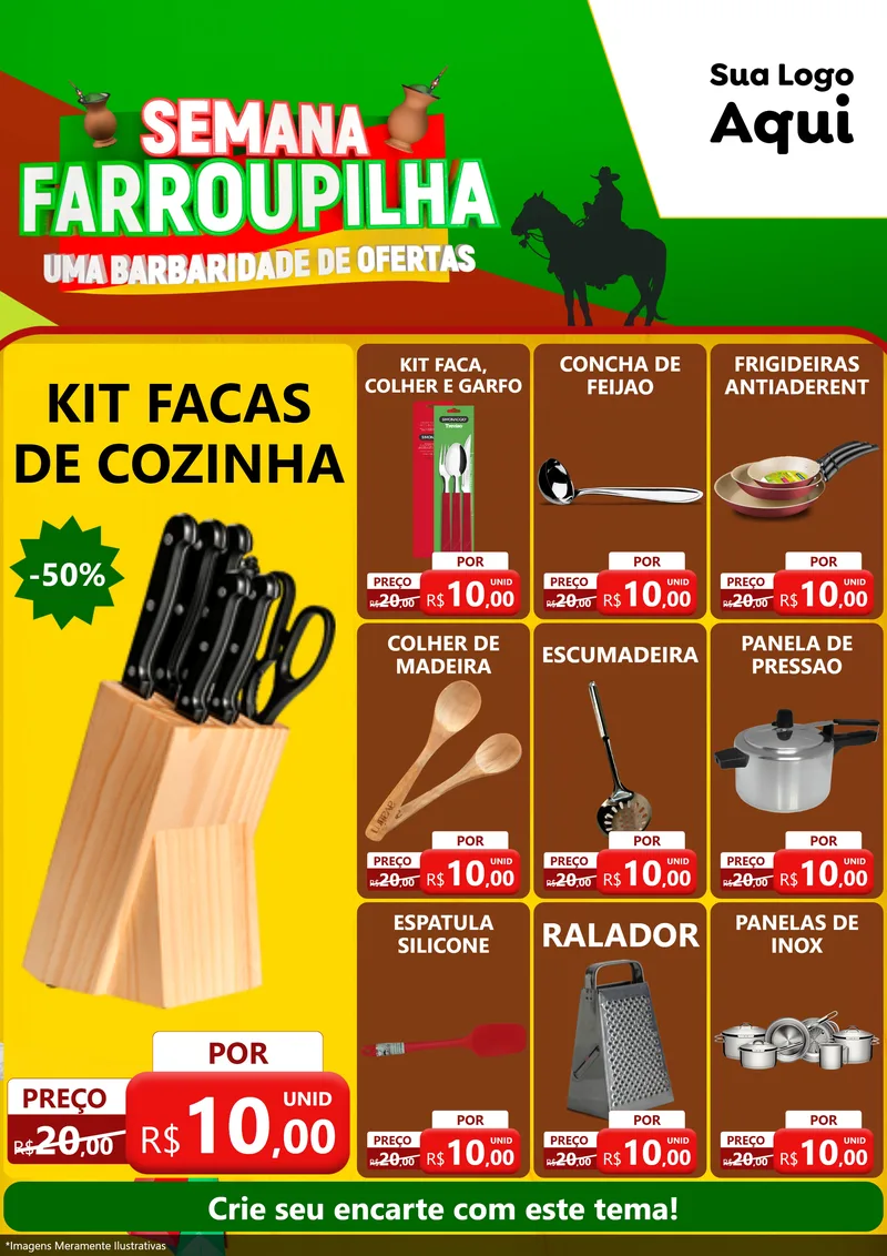 Modelo de Encarte para Encarte A4 Vertical com o tema Semana Farroupilha - Uma Barbaridade de Ofertas para Utilidades Domésticas