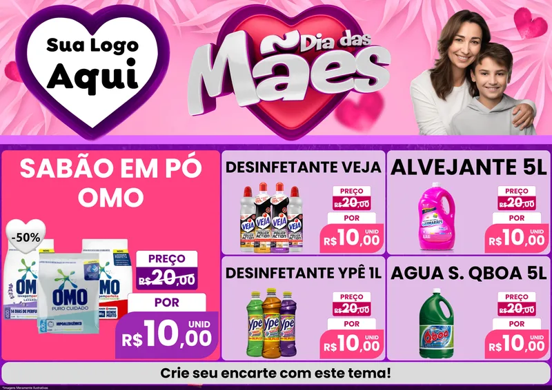 Modelo de Encarte para Encarte A4 Horizontal com o tema Dia das Mães para Produtos de Limpeza