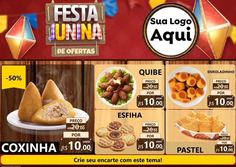 Modelo de Encarte para Encarte A4 Horizontal com o tema Festa Junina de Ofertas para Salgadaria