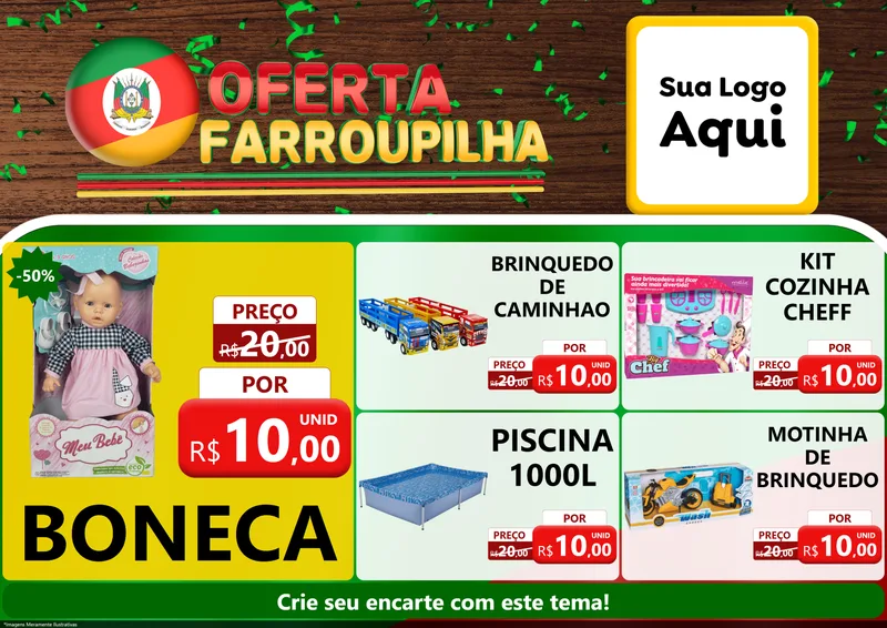 Modelo de Encarte para Encarte A4 Horizontal com o tema Oferta Farroupilha para Brinquedos