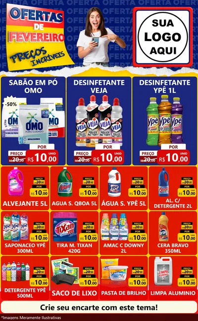 Modelo de Encarte para Encarte Grande com o tema Ofertas de Fevereiro - Preços Incríveis para Produtos de Limpeza