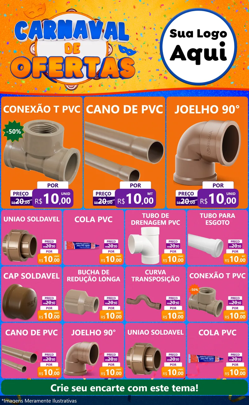 Modelo de Encarte para Encarte Grande com o tema Carnaval de Ofertas para Tubos e conexões