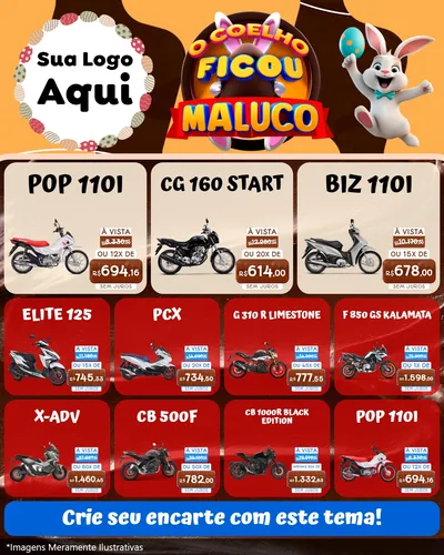 Modelo de Rede Social para Feed Instagram com o tema O Coelho Ficou Maluco - Páscoa para Concessionaria de Motos