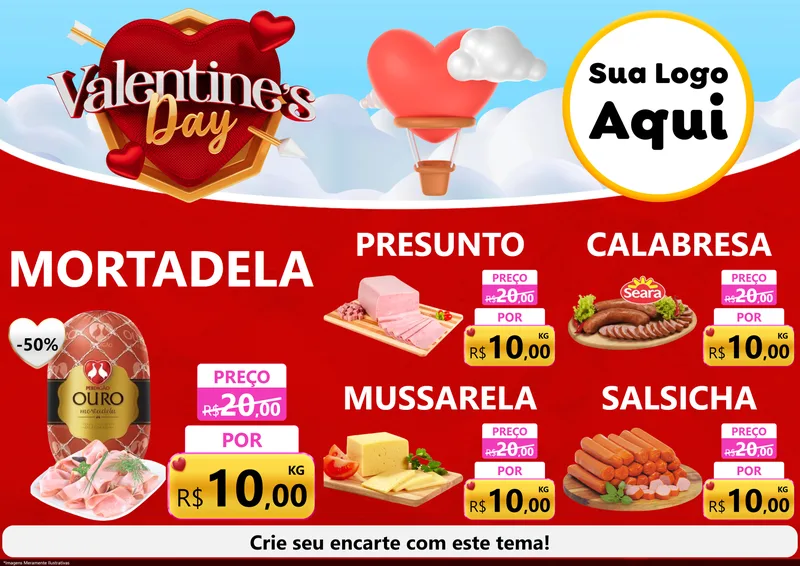 Modelo de Encarte para Encarte A4 Horizontal com o tema Valentine's Day para Frios e Laticínios
