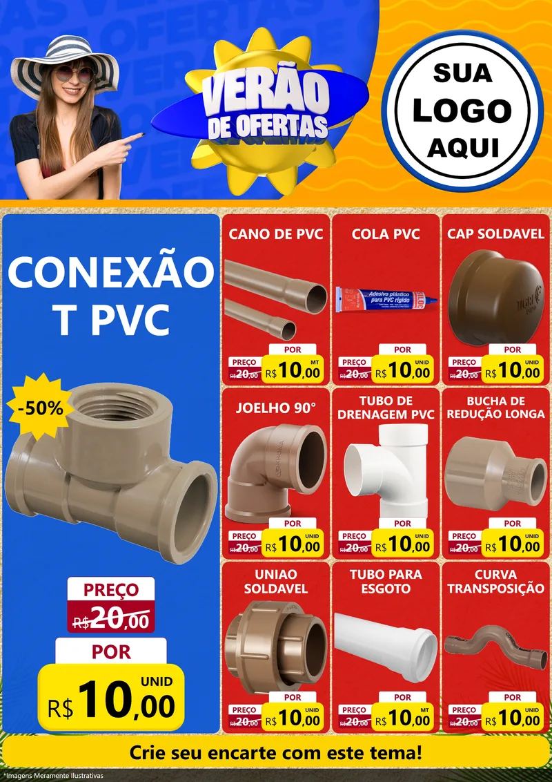 Modelo de Encarte para Encarte A4 Vertical com o tema Verão de Ofertas para Tubos e conexões